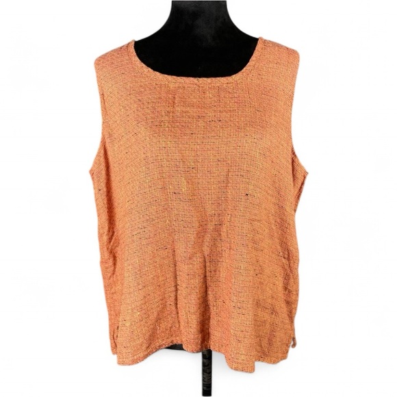 Flax Tops - Flax Women’s L Orange Sleeveless Boho Minimalist Woven Boxy Breathable Linen Top